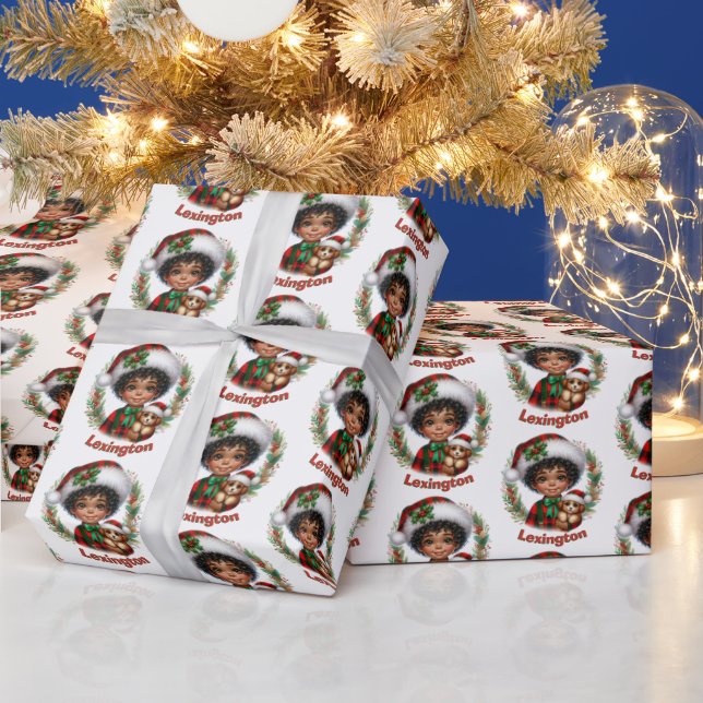 Cute African American Boy & Puppy Christmas Wrapping Paper (Holidays)