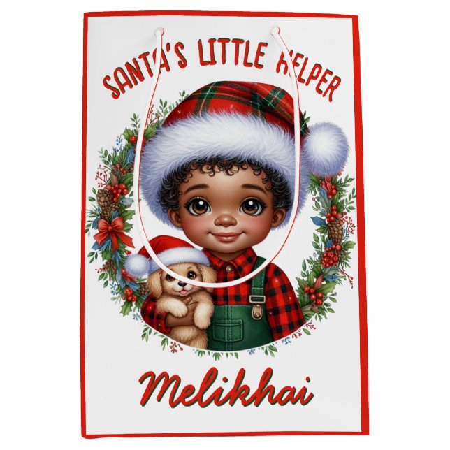 Cute African American Boy with Puppy Christmas Medium Gift Bag (Front)