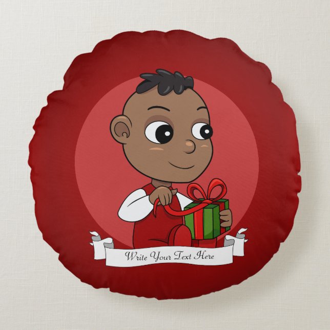 Cute African American Christmas baby cartoon Round Cushion (Front)