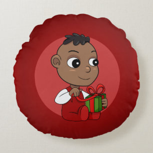 Cute African American Christmas baby cartoon Round Cushion