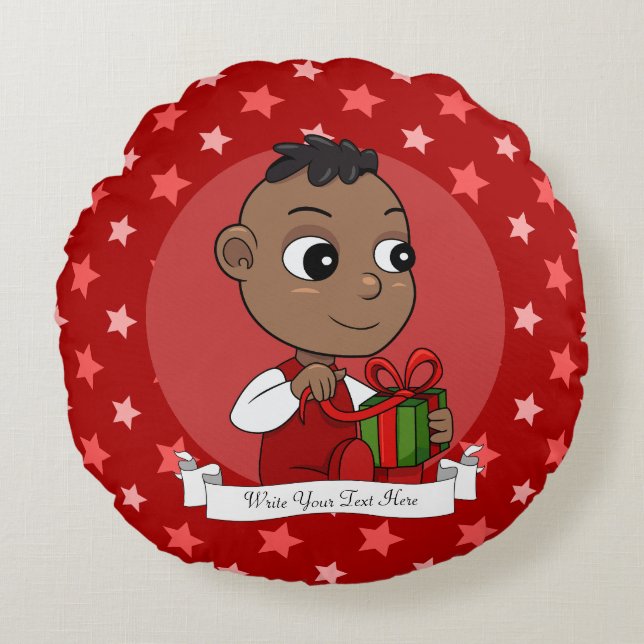 Cute African American Christmas baby cartoon Round Cushion (Front)