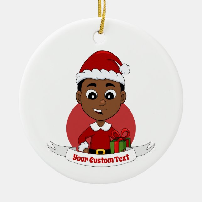 Cute African American Christmas boy cartoon Ceramic Tree Decoration (Front)