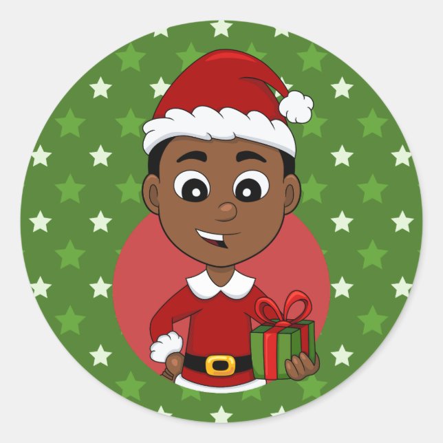 Cute African American Christmas boy cartoon Classic Round Sticker (Front)