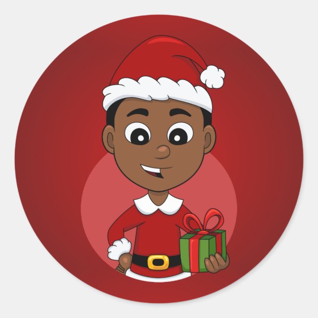 Cute African American Christmas boy cartoon Classic Round Sticker (Front)