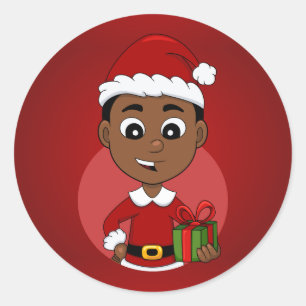 Cute African American Christmas boy cartoon Classic Round Sticker