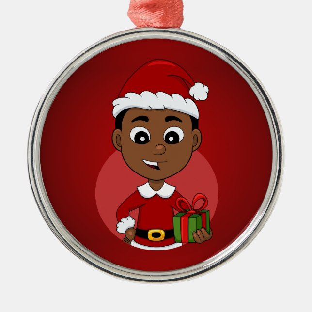Cute African American Christmas boy cartoon Metal Tree Decoration (Front)
