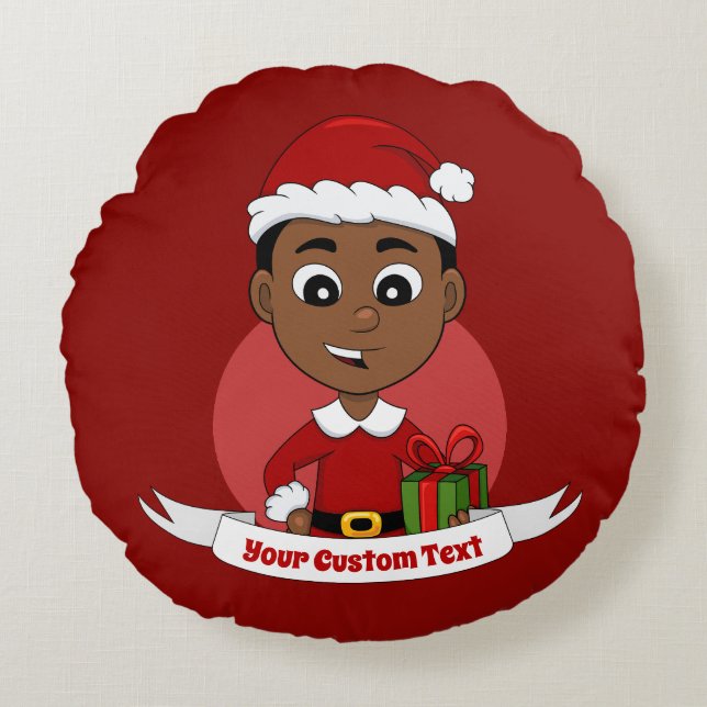 Cute African American Christmas boy cartoon Round Cushion (Front)