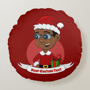 Cute African American Christmas boy with glasses Round Cushion