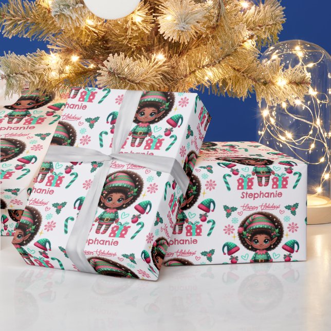 Cute African American Elf Girl Christmas Wrapping Paper (Holidays)