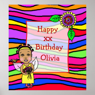 Cute African-American Fairy Girl Happy Birthday Poster