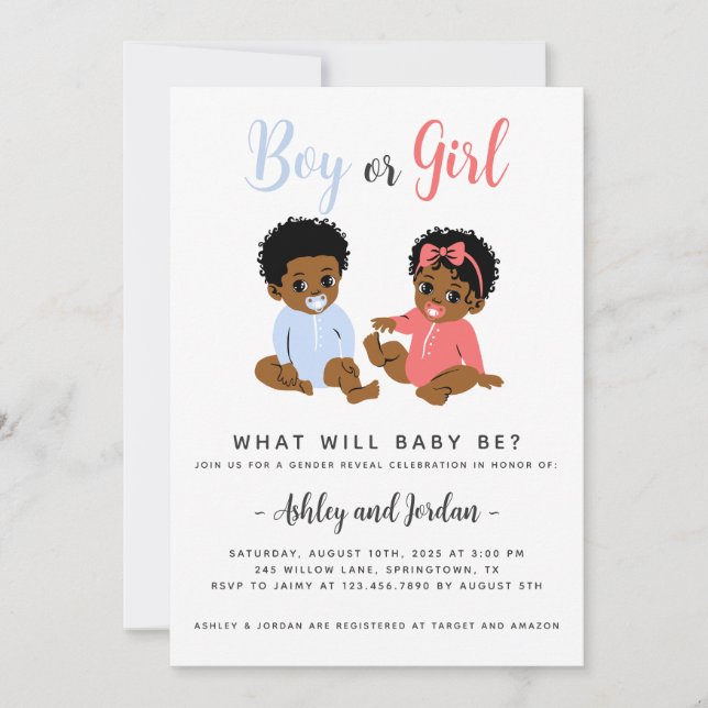 Cute African American Gender Reveal Invitation (Front)