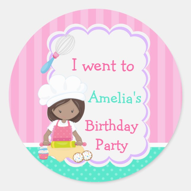 Cute African American Girl Baking Birthday Party Classic Round Sticker (Front)
