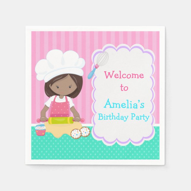 Cute African American Girl Baking Birthday Party Napkin (Front)