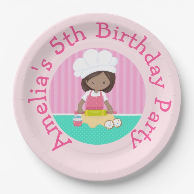 Cute African American Girl Baking Birthday Party Paper Plate (Front)
