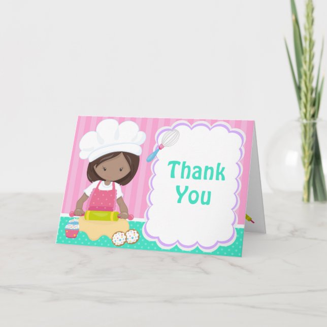 Cute African American Girl Baking Birthday Party Thank You Card (Front)