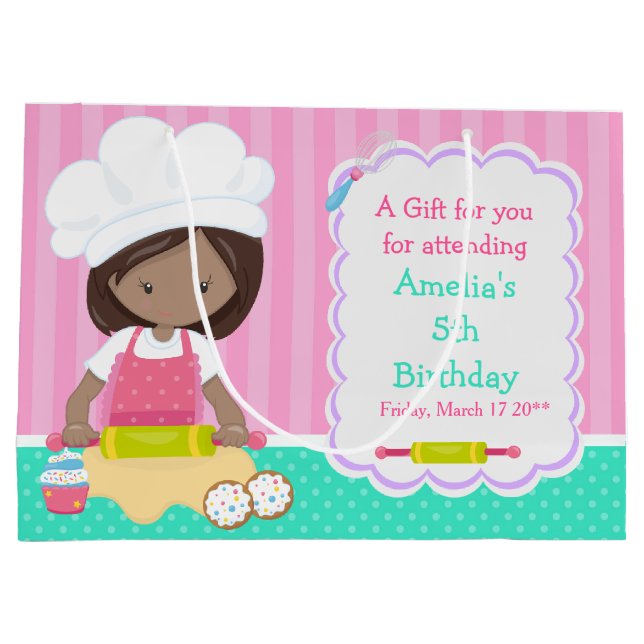 Cute African American Girl Baking Thank You Large Gift Bag (Back)