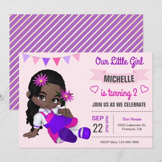 Cute African American Girl Birthday Party Invite (Front/Back)
