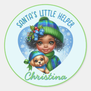 Cute African American Girl with Puppy Winter Classic Round Sticker