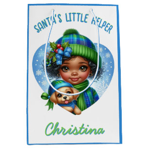 Cute African American Girl with Puppy Winter Medium Gift Bag