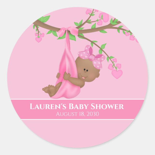 Cute African American Girl's Pink Baby Shower   Classic Round Sticker (Front)