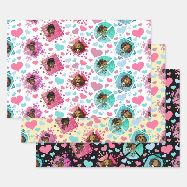 Cute African American Girls with Hearts Pattern Wrapping Paper Sheet (Set)