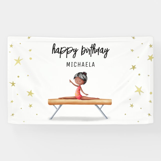 Cute African American Gymnastics Birthday Banner (Horizontal)