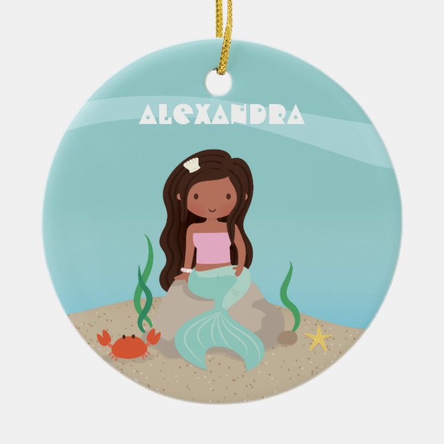 Cute African American Little Mermaid Girl Ornament (Front)