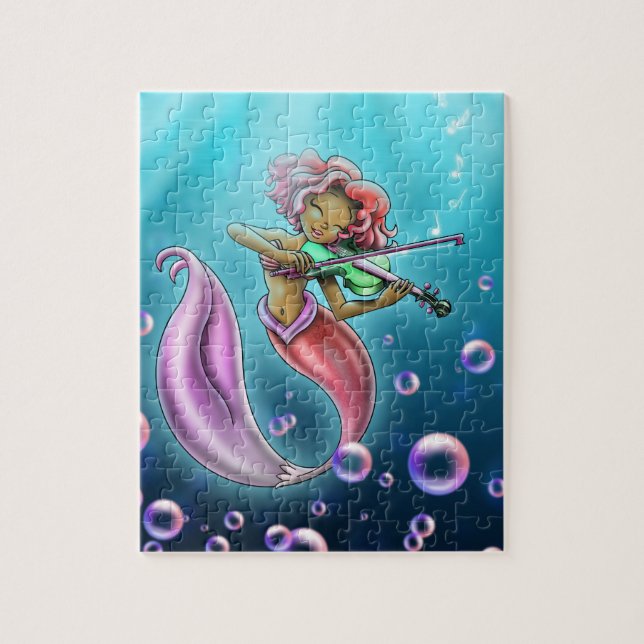 Cute African American Mermaid and Violin Jigsaw Puzzle (Vertical)
