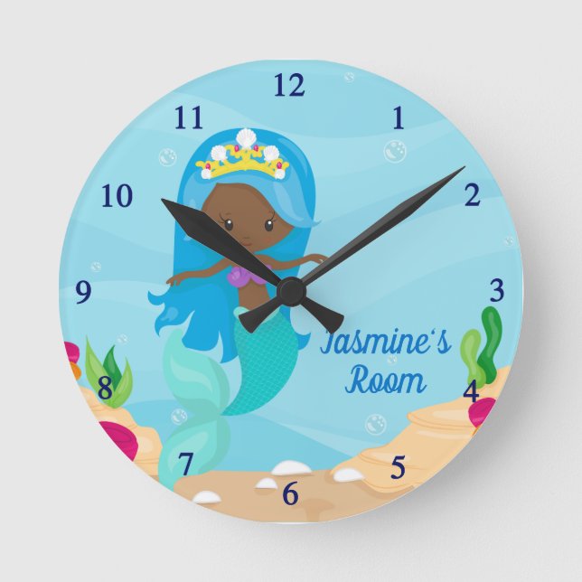Cute African American Mermaid Beach Girl Custom Round Clock (Front)