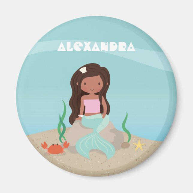 Cute African American Mermaid Girl Fridge Magnet (Front)