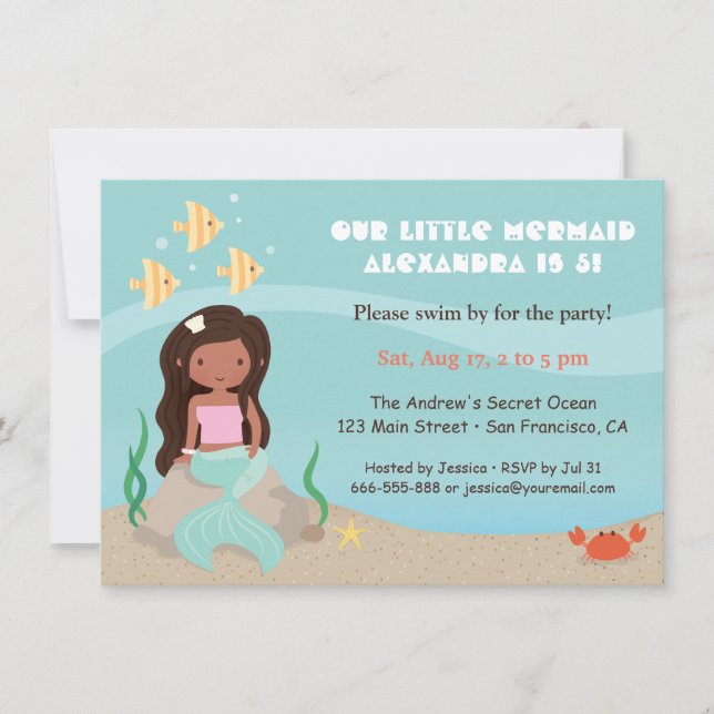 Cute African American Mermaid Girls Birthday Party Invitation (Front)