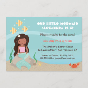 Cute African American Mermaid Girls Birthday Party Invitation