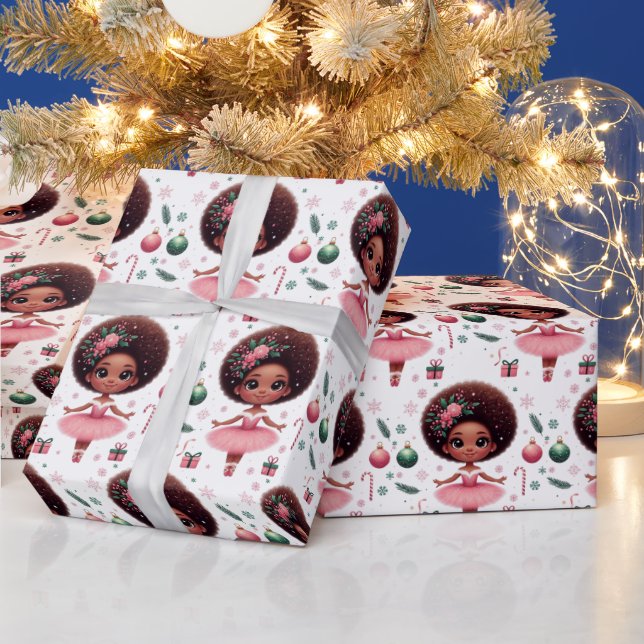 Cute African American Pink Ballerina Christmas Wrapping Paper (Holidays)