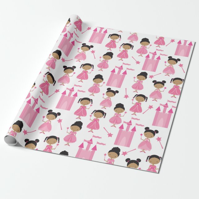 Cute African American Pink Princess Wrapping Paper (Unrolled)