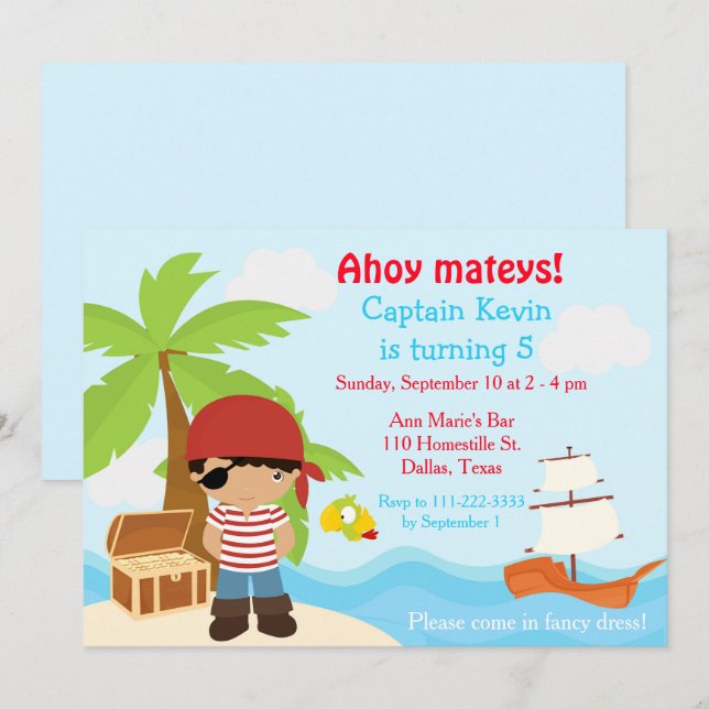 Cute African American Pirate Boy Birthday Party Invitation (Front/Back)