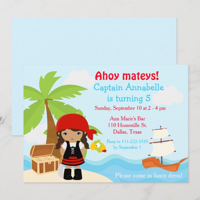 Cute African American Pirate Girl Birthday Party Invitation (Front/Back)