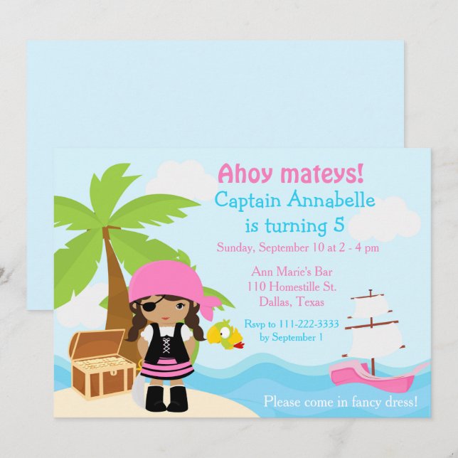 Cute African American Pirate Girl Birthday Party Invitation (Front/Back)