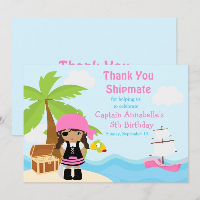 Cute African American Pirate Girl Birthday Party Thank You Card (Front/Back)