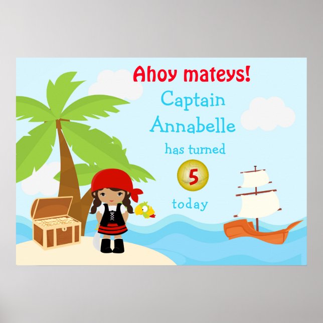 Cute African American Pirate Girl Birthday Poster (Front)