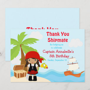 Cute African American Pirate Girl Birthday Red Thank You Card