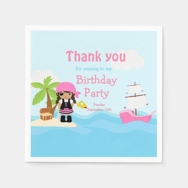 Cute African American Pirate Girl in Pink Birthday Napkin (Front)