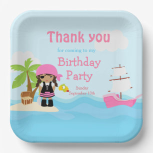 Cute African American Pirate Girl in Pink Birthday Paper Plate