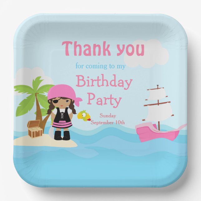 Cute African American Pirate Girl in Pink Birthday Paper Plate (Front)