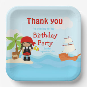 Cute African American Pirate Girl in Red Birthday Paper Plate