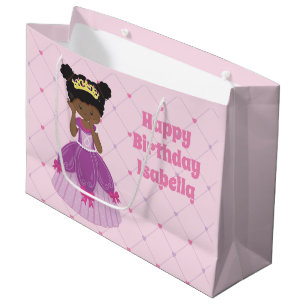 Cute African American Princess Pink Birthday Large Gift Bag