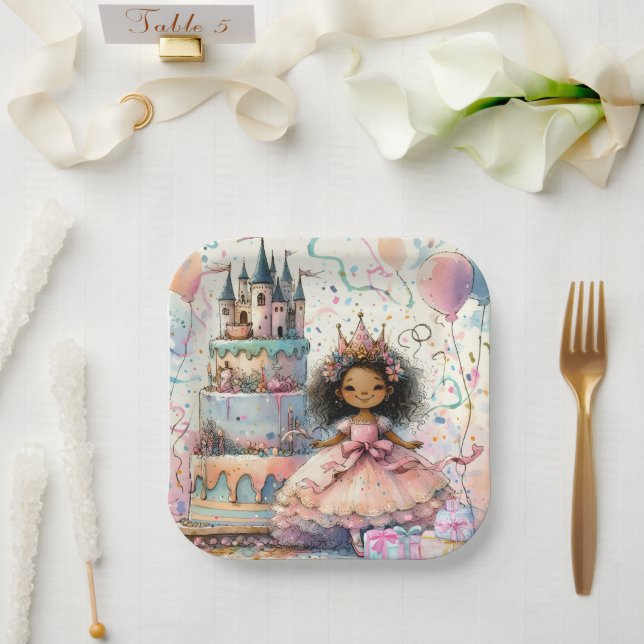 Cute African American Princess Pink Castle Cake Paper Plate (Wedding)