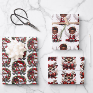 Cute African American Red & Black Christmas Wrapping Paper Sheet
