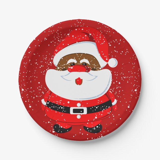 Cute African American Santa Claus Christmas Paper Plate (Front)