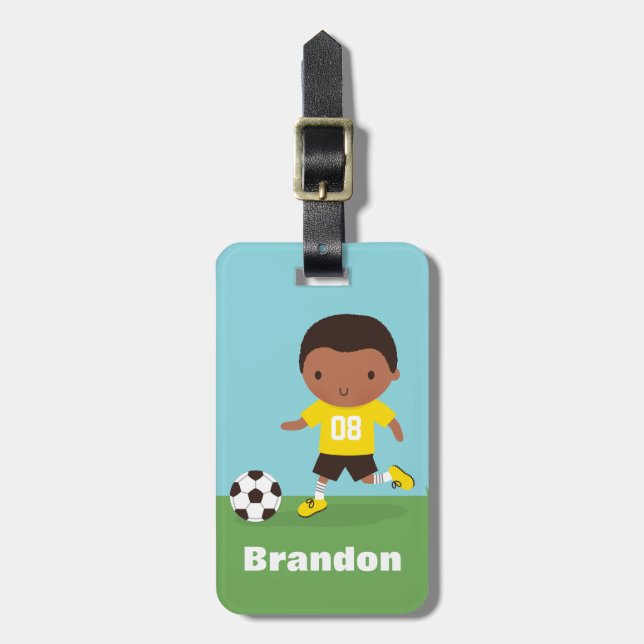 Cute African American Soccer Boy Luggage Tag (Front Vertical)