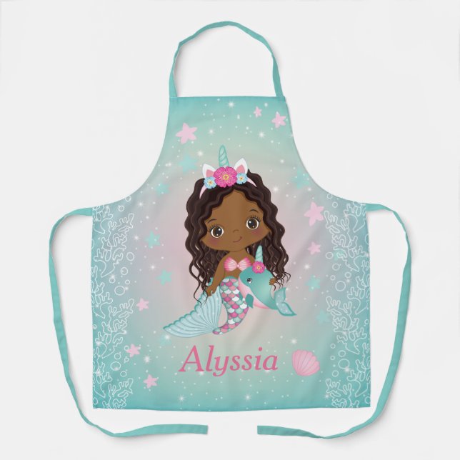 Cute African American Unicorn Mermaid Apron (Front)